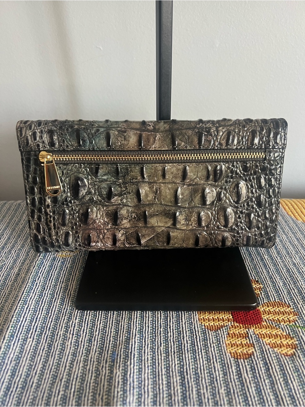 Brahmin Teal and Black Croc-Embossed Fold-Over Clutch - Picture 2 of 8